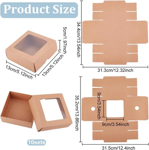 Miniatura 2 de BENECREAT 10 cajas de papel kraft marrón con ventana transparente, caja de regalo cuadrada de papel kraft de 5.12 x 5.12 x 1.97 pulgadas