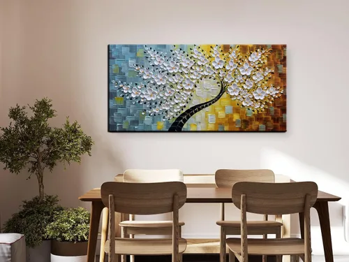 Miniatura 5 de YaSheng Art - Pintura al óleo de arte contemporánea hecha a mano de flores blancas en lienzo con textura 3D, pinturas de árbol abstractas
