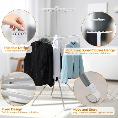Miniatura 2 de Dollate Escurridor de ropa plegable de 4 patas, 2 niveles, portátil y plegable, ahorro de espacio, con 4 poleas, estante seco de aluminio para ropa