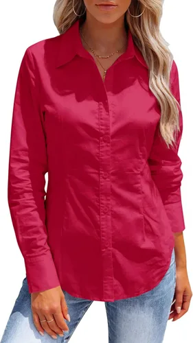 Miniatura 14 de Button Down Shirts for Women Long Sleeve Dress Shirts Collared Work Wrinkle Free Office Solid Blouses Fitted Tops