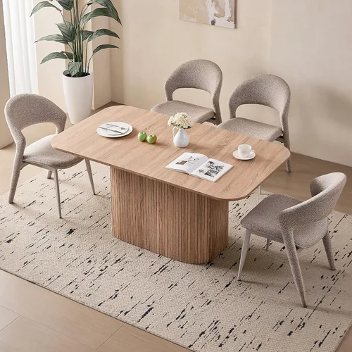 Miniatura 12 de Juego de 4 mesas de comedor grandes de 63 pulgadas para 4, esquinas redondeadas, mesa de cocina rectangular moderna de madera con sillas Boucle