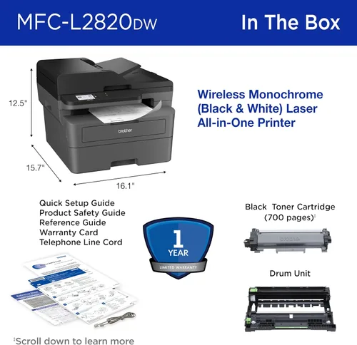 Miniatura 7 de Impresora láser monocromática compacta inalámbrica Brother MFC-L2820DW todo en uno con copia, escaneo y fax, impresión a doble cara, blanco y negro