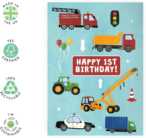 Miniatura 2 de CENTRAL 23 Tarjeta colorida de primer cumpleaños para niños – Feliz primer cumpleaños – Edad 1 – 1 año – Tarjeta de felicitación de camión y coche