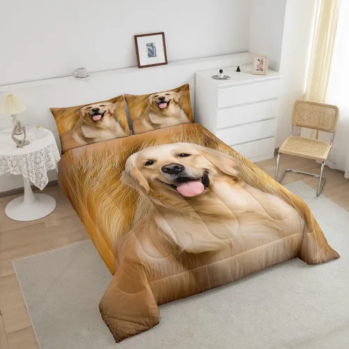 Miniatura 3 de Feelyou Juego de edredón Golden Retriever con estampado de perro para niños y adultos, lindo juego de edredón de cachorro, suave, cálido, esponjoso