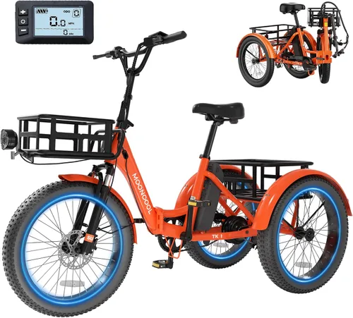 Miniatura 11 de MOONCOOL Triciclo eléctrico para adultos, 500 W/750 W 48 V, triciclo eléctrico plegable de potencia máxima 1100 W, neumático grueso de 20 x 3.0