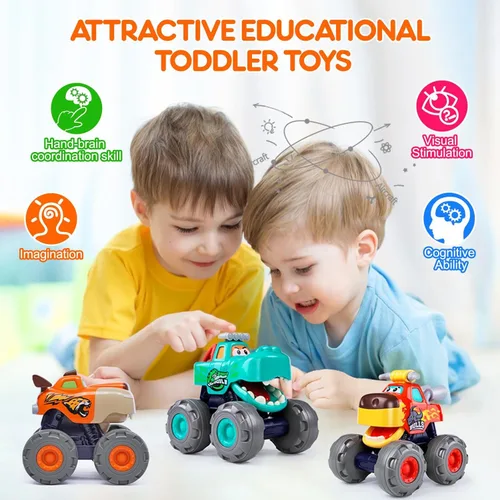 Miniatura 3 de Autos de juguete para niños de 1, 2, 3 años, paquete de 3 camiones monstruo, juguete de cocodrilo, búho, leopardo, rueda grande, camiones de juguete