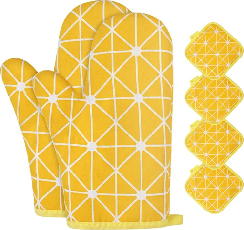 Miniatura 11 de AUAUY Guantes de horno y soportes para ollas Juego de 6 piezas, guantes de cocina resistentes a 392°F y almohadillas térmicas, guantes para hornear