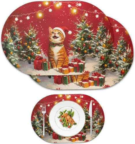 Miniatura 20 de Pumpkin Placemats Oval Placemats Set of 2 Black Cat Table Mats for Dining Tables Washable Heat Resistant Place Mats for Holiday Party Use 12X18 Inch