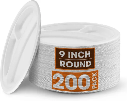 Miniatura 11 de Cheer Collection Platos de papel divididos compostables de 9 pulgadas, platos de papel 100% biodegradables de 3 secciones para alimentos calientes