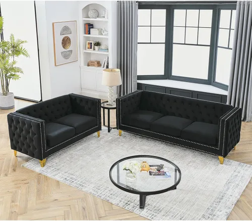 Miniatura 12 de mikibama Sofá de 3 plazas de terciopelo de 80.5 pulgadas para sala de estar, sofás de 3 asientos con botones copetudos con bordes de clavos, sofás