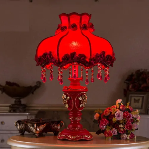 Miniatura 5 de Lámpara Victoriana Roja de Tela Antigua Lámpara de Mesa Pastoral Europea Lámpara de Mesita de Noche 1 Cabeza Flor Floral Luz de Mesa con Flecos