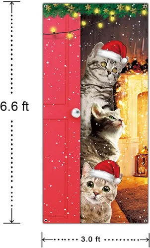 Miniatura 2 de Cubierta de Puerta de Gatos Lindos Feliz Navidad Banner Decoración de Gatos Divertidos para Puerta Delantera Pared Ventana Suministros de Fiesta