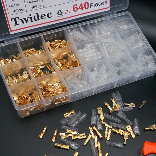 Miniatura 7 de Twidec/640 piezas 2.8/4.8/6.3mm Conectores de Terminal de Pala de Alambre Macho y Hembra de Empalme Rápido Kit Dorado con Alicates de Prensado