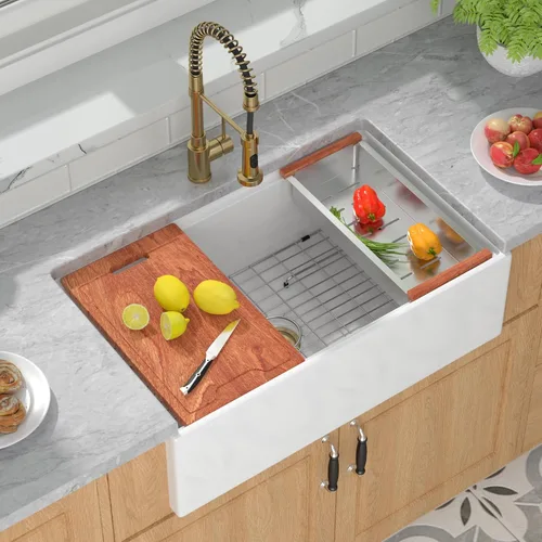 Miniatura 11 de Mocoloo Fregadero de cocina de granja blanco 33 – Fregadero plano de estilo rústico de 33 x 20 x 10 pulgadas, fregadero plano de estilo rústico