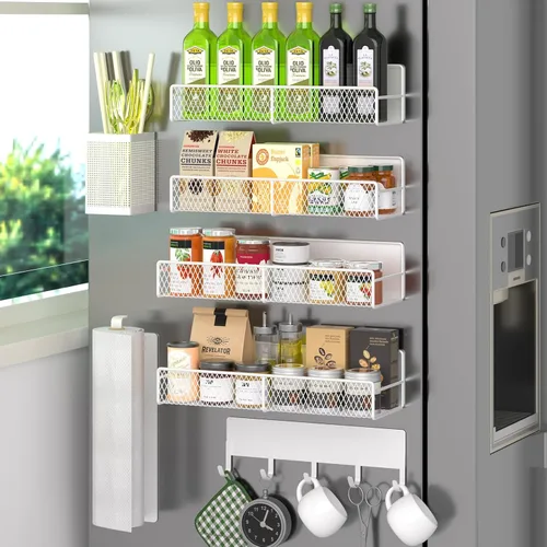 Miniatura 30 de Estante magnético para especias para refrigerador, paquete de 7 estantes magnéticos fuertes 100% de metal, organizador de especias con soporte