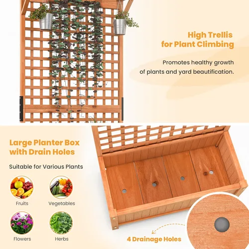 Miniatura 5 de Giantex Cama de jardín elevada con enrejado, contenedor de madera de 60 pulgadas con agujeros de drenaje, enrejado alto para colgar macetas