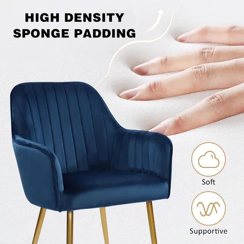 Miniatura 5 de Juego de 2 sillas de comedor de terciopelo, sillas decorativas tapizadas con patas chapadas en oro para sillas de sala de estar (azul)