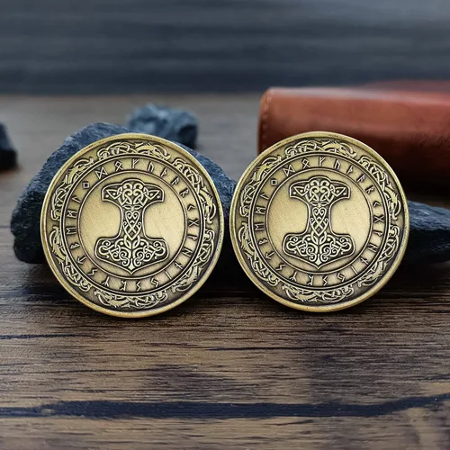 Miniatura 5 de Moneda Vikingo nórdico Mjolnir Moneda Martillo de Thor Mitología nórdica Talismán