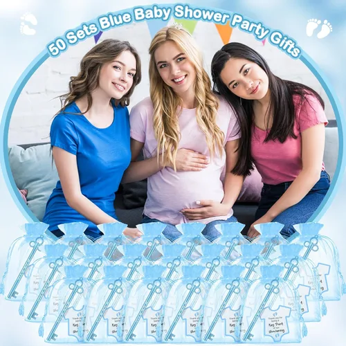 Miniatura 6 de Geyoga 50 juegos de recuerdos de fiesta de baby shower, 50 bolígrafos elegantes con forma de llave, bolígrafos de tinta de gel, 50 tarjetas de Azul
