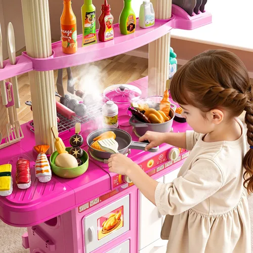 Miniatura 3 de Juego de cocina para niños, juego de cocina 2 en 1 con sonido y luz, fregadero de paly con 60 piezas de juguete de comida y accesorios de cocina