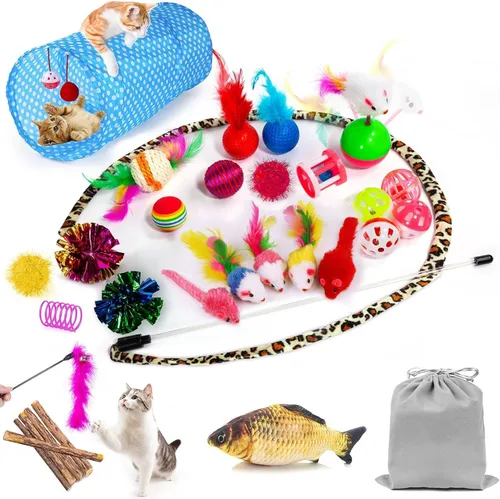 AILUKI 35 PCS Surtidos de juguetes para gatos y gatitos, variedad de juguetes de hierba gatera que incluye túnel de 2 vías, vara con plumas para