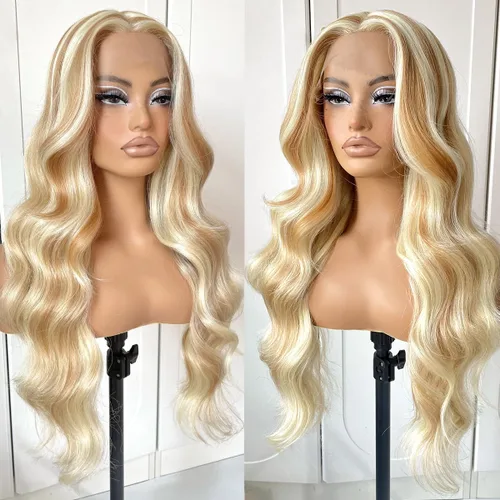 Miniatura 14 de #27 Peluca de encaje frontal rubia miel sin pegamento, onda corporal, pelucas de encaje frontal sintéticas prediseñadas, con línea de cabello #27