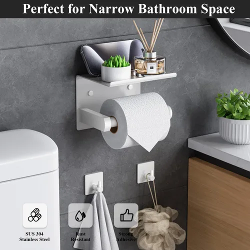 Miniatura 2 de Tindbea Soporte de papel higiénico con estante para teléfono + ganchos para toallas, dispensador adhesivo o con tornillos montado en la pared