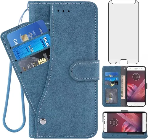 Asuwish Compatible con Moto Z2 Play - Funda tipo cartera y protector de pantalla de vidrio templado, soporte para tarjetero, accesorios celulares,