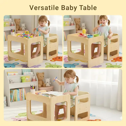 Miniatura 7 de Tilhumt Montessori - Juego de mesa y silla de destete – Mesa de actividades para niños de 3 alturas ajustables con valla de madera para niños de 1 a