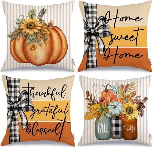 Miniatura 11 de GEEORY Juego de 4 fundas de almohada de otoño de 18 x 18 pulgadas, diseño de calabazas y tarros de masón, decoración agradecida, fundas de cojín