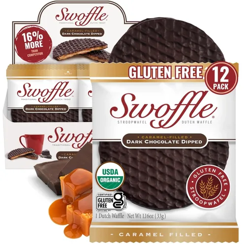 Miniatura 8 de Stroopwafels Orgánicos Certificados Sin Gluten de Swoffle - Relleno de Caramelo (16) Obleas de 1.16oz Sin OGM, Sin Trigo, Kosher, Sin Soja y Sin