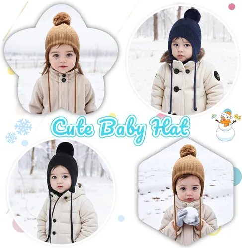 Miniatura 2 de Gorros de invierno para niña con forro polar para niños, gorro de punto con orejeras con pompón, de 0 a 8 años