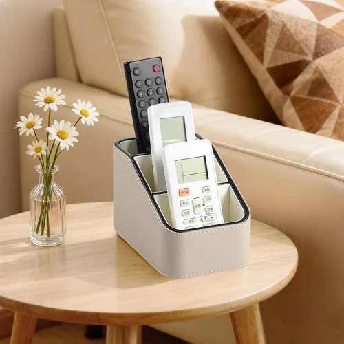 Miniatura 3 de Soporte para control remoto de piel sintética, organizador de escritorio pequeño, suministros de oficina, mesita de noche para mesa auxiliar, Beige