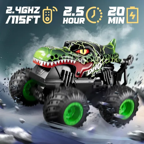 Miniatura 2 de BEZGAR Monster Truck Toys - Camión monstruo de control remoto con luz y música, juguetes de dinosaurios para niños, camión RC a escala 1:20 con Verde