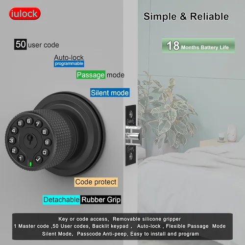 Miniatura 2 de iulock Cerradura de puerta inteligente con teclado y llave, 50 códigos de usuario, impermeable, bloqueo automático, negro mate