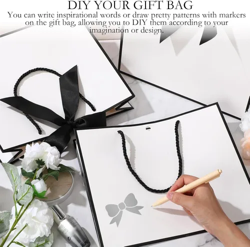 Miniatura 3 de Silkfly 12 bolsas de regalo con asas para dama de honor, 12 x 10 x 4 pulgadas, elegantes bolsas de regalo de bienvenida de boda con lazo para Blanco