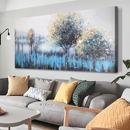 Miniatura 14 de Arjun Lienzo artístico para pared de árbol de la vida para sala de estar, pintura de árbol azul y verde azulado, 50% pintada a mano, imagen