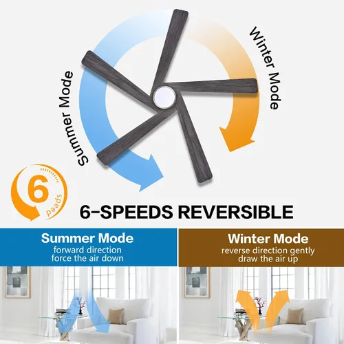 Miniatura 4 de WINGBO Ventilador de techo CC de 54 pulgadas con luces y control remoto, 5 cuchillas reversibles de madera tallada, motor de CC silencioso de 6