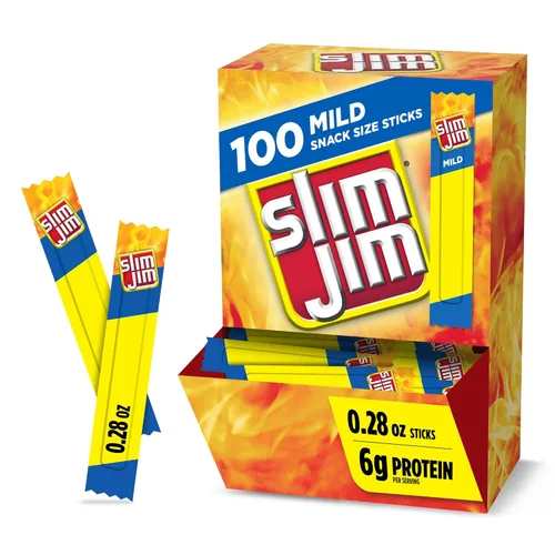 Slim Jim - Barras de carne ahumada, sabor suave, 6g de proteína por porción, tamaño botana, 0.28 oz. (100 unidades)