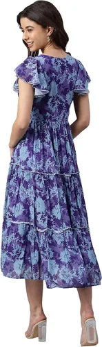 Miniatura 5 de Janasya Vestido occidental acampanado con estampado floral azul para mujer, Azul