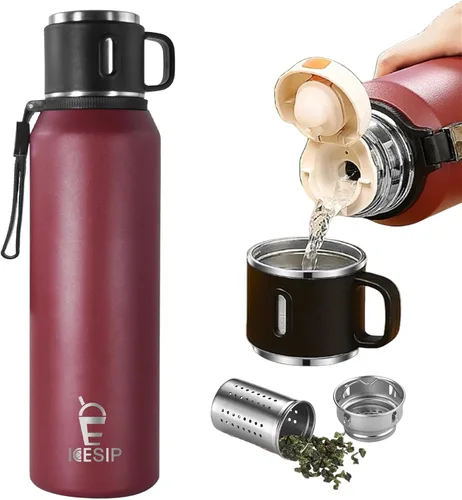 Miniatura 14 de Botella aislada de acero inoxidable, 20 onzas con taza, botella de agua aislada al vacío, termo para bebidas calientes/bebidas frías, viaje con Verde