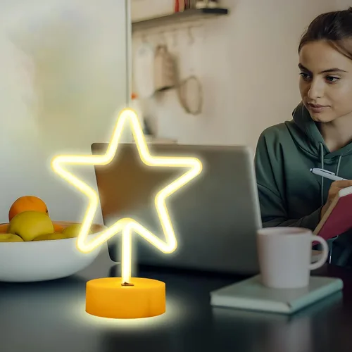 Miniatura 3 de ENUOLI Lámpara de luz LED de neón en forma de estrella blanca cálida con base, funciona con pilas y USB, letrero de neón LED en forma de estrella
