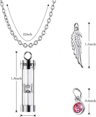 Miniatura 8 de PREKIAR Collar de urna de cremación para cenizas en forma de reloj de arena con dije de recuerdo 12 piedras de nacimiento y un ala de ángel