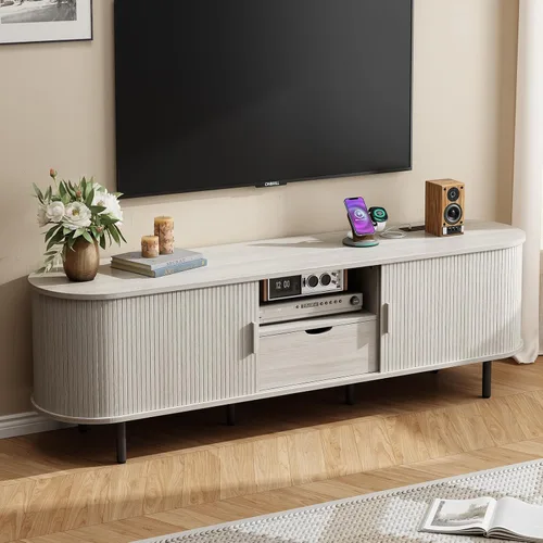 Miniatura 13 de ONBRILL Soporte de TV de 69 pulgadas con toma de corriente para televisores de hasta 80 pulgadas, centro de entretenimiento con almacenamiento