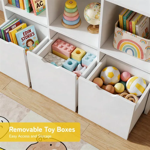 Miniatura 6 de Teckid Organizador de almacenamiento de juguetes con 3 cajones móviles y 5 cubos abiertos, estantería para niños y armario de almacenamiento