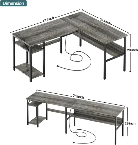 Miniatura 3 de Unikito Escritorio reversible en forma de L con tomas de corriente mágicas y puertos de carga USB, escritorio de esquina para computadora resistente