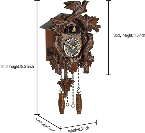 Miniatura 2 de Kintrot – Reloj de cuco, reloj de pared artesanal de madera de bosque negro tradicional con péndulo de hoja de arce, cuarzo, 12 melodías, sensor