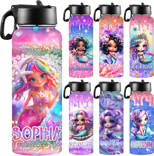 Miniatura 32 de Botellas de agua personalizadas para niñas, de acero inoxidable con aislamiento de doble pared con pajita, botella de agua de color degradado