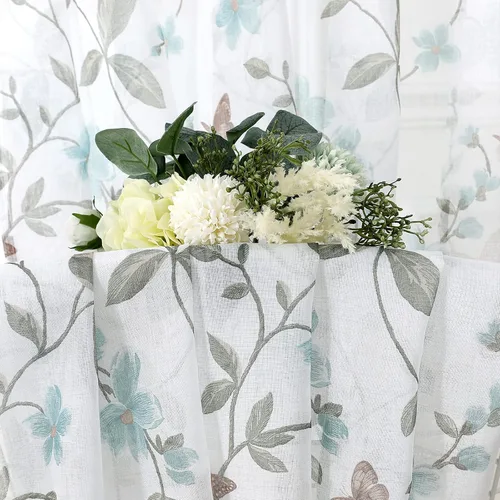 Miniatura 6 de Tollpiz - Cortinas cortas de gasa con estampado floral, con diseño de mariposas y flores azules, cortina de media ventana con bolsillo para barra