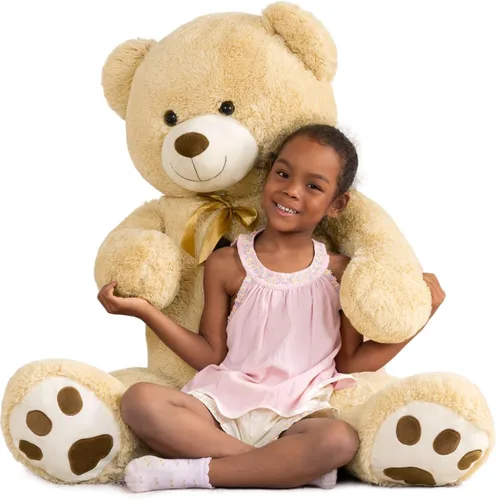 MaoGoLan - Oso de peluche gigante de 52.0 pulgadas, peluche grande color canela con lindo moño y huellas, peluche suave de oso con moño para regalar